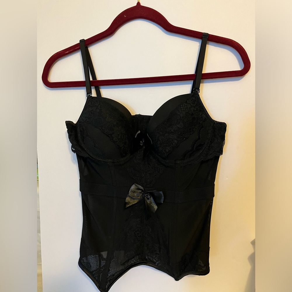 CORSET BRA WOMEN SZ M BLACK HOOK/EYE CLOSURE BOW ACCENT GOTH BODYCON FEMININE